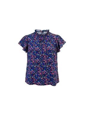 Simplefun Womens Blue Floral Blouse With Ruffled Sleeves Size M